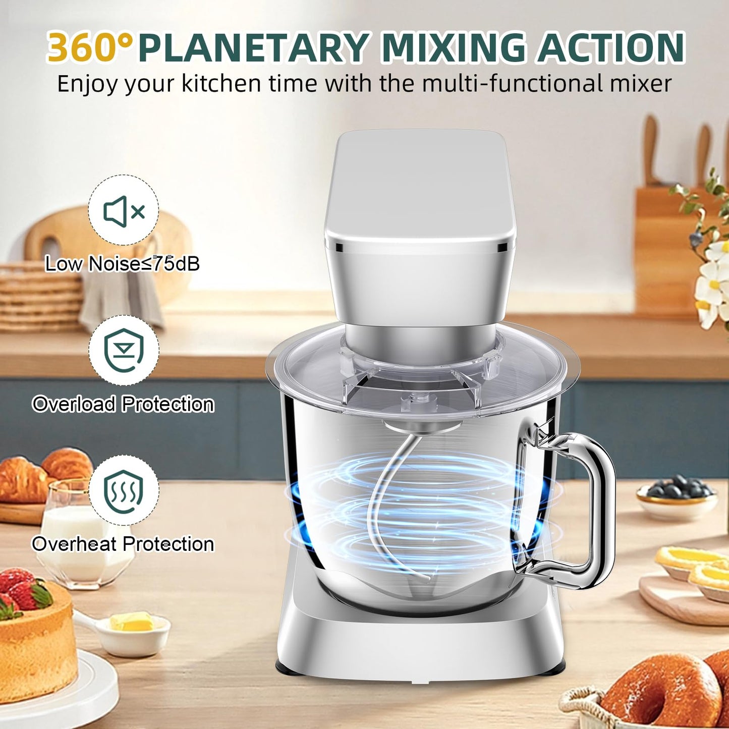 Specjalny mikser stojący, 6QT 10+P Speed ​​Tilt-Head Kitchen Electric Mixer, mikser do żywności ze stalową misą, hakiem do ciasta, płaskim mieszadłem, trzepaczką, osłoną przeciwbryzgową do codziennego użytku - srebrny