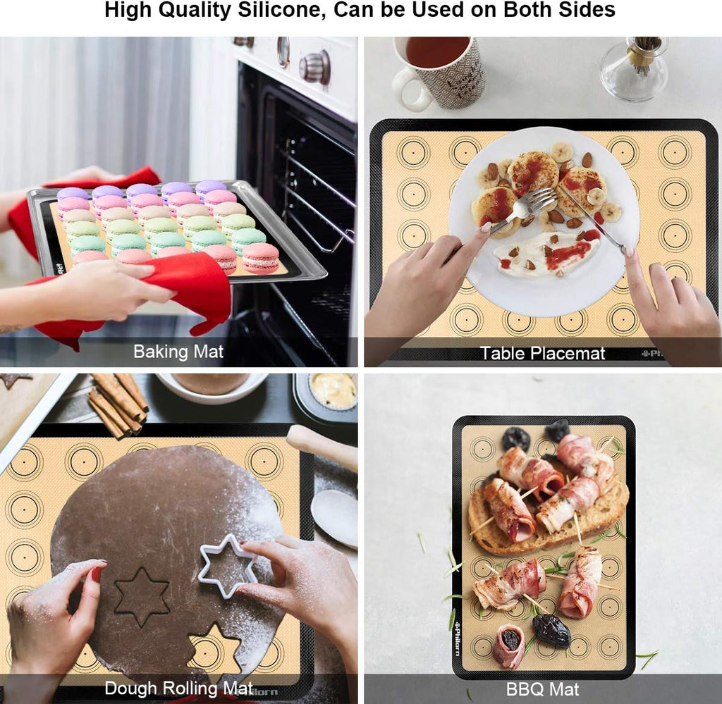 Philorn Silicone Baking Mat Set, 16.5" x 11.42" Macaron Mat, Non-Stick With Tools, 2 Pack Food Safe, Reusable for Oven, Cookie, Bread
