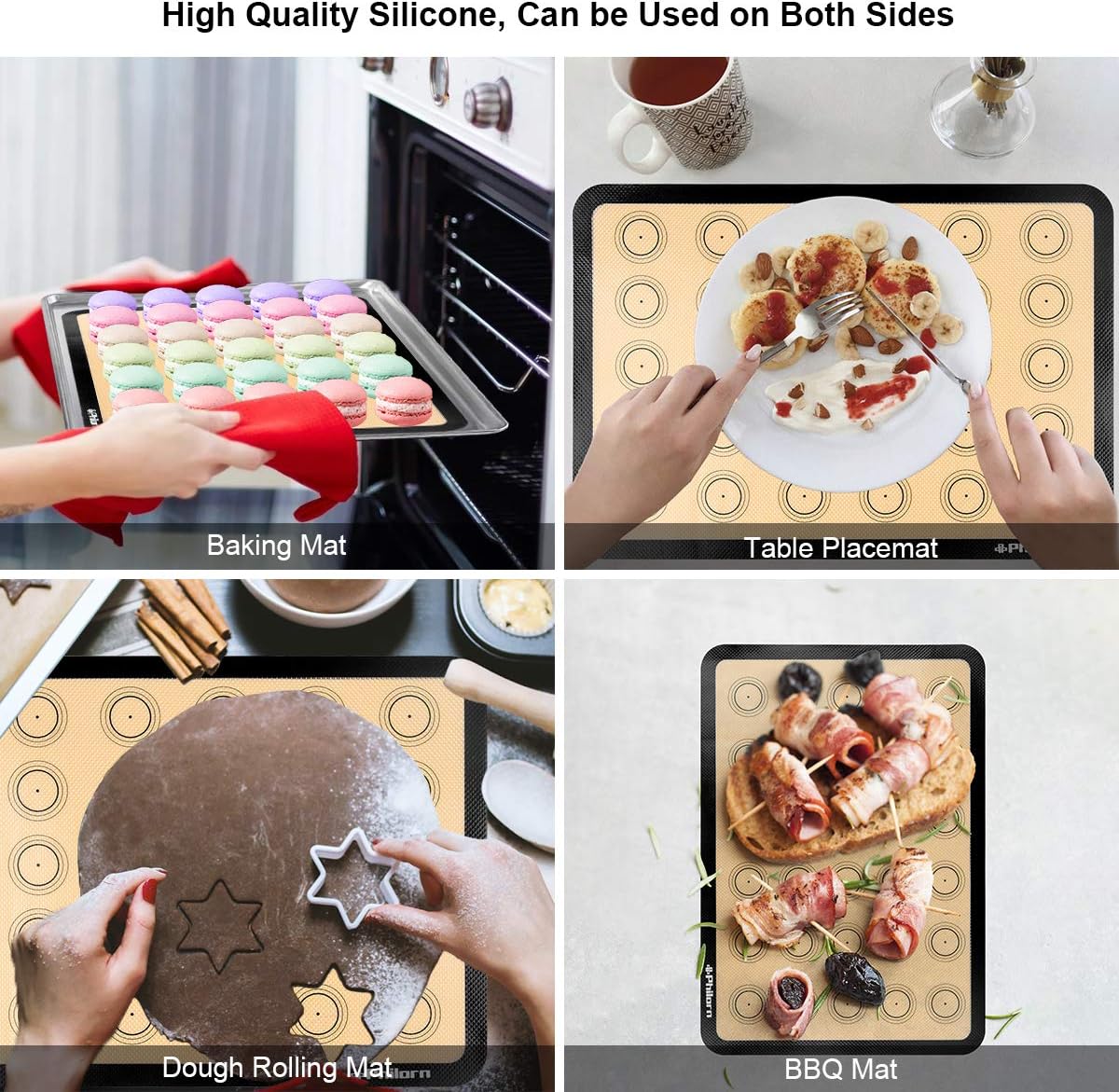 Philorn Silicone Baking Mat Set, 16.5" x 11.42" Macaron Mat, Non-Stick With Tools, 2 Pack Food Safe, Reusable for Oven, Cookie, Bread