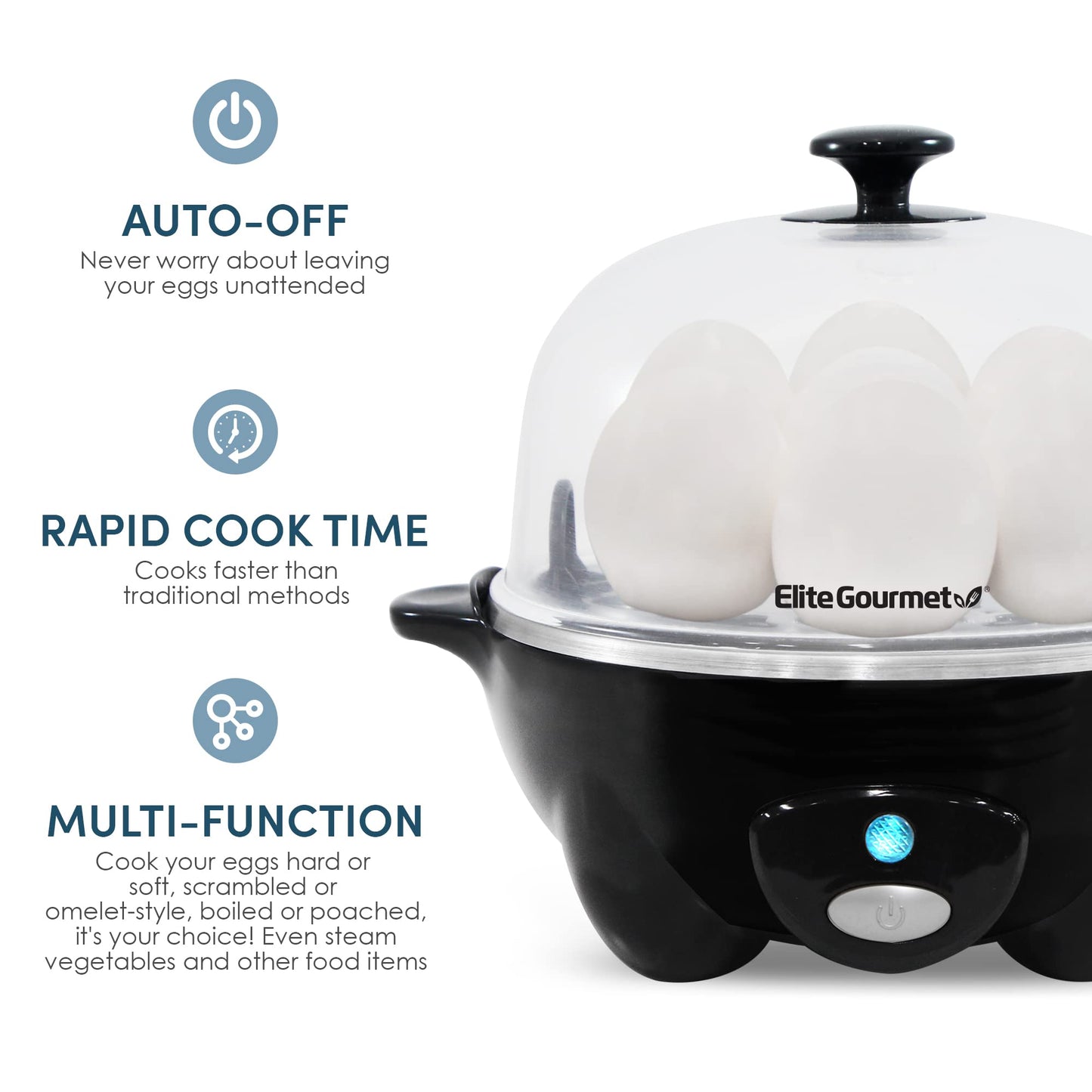 Elite Gourmet EGC-007B# Rapid Egg Cooker, 7 Easy-To-Peel, Hard, Medium, Soft Boiled Eggs, Poacher, Omelet Maker, Auto Shut-Off, Alarm, 16-Recipe Booklet, Black