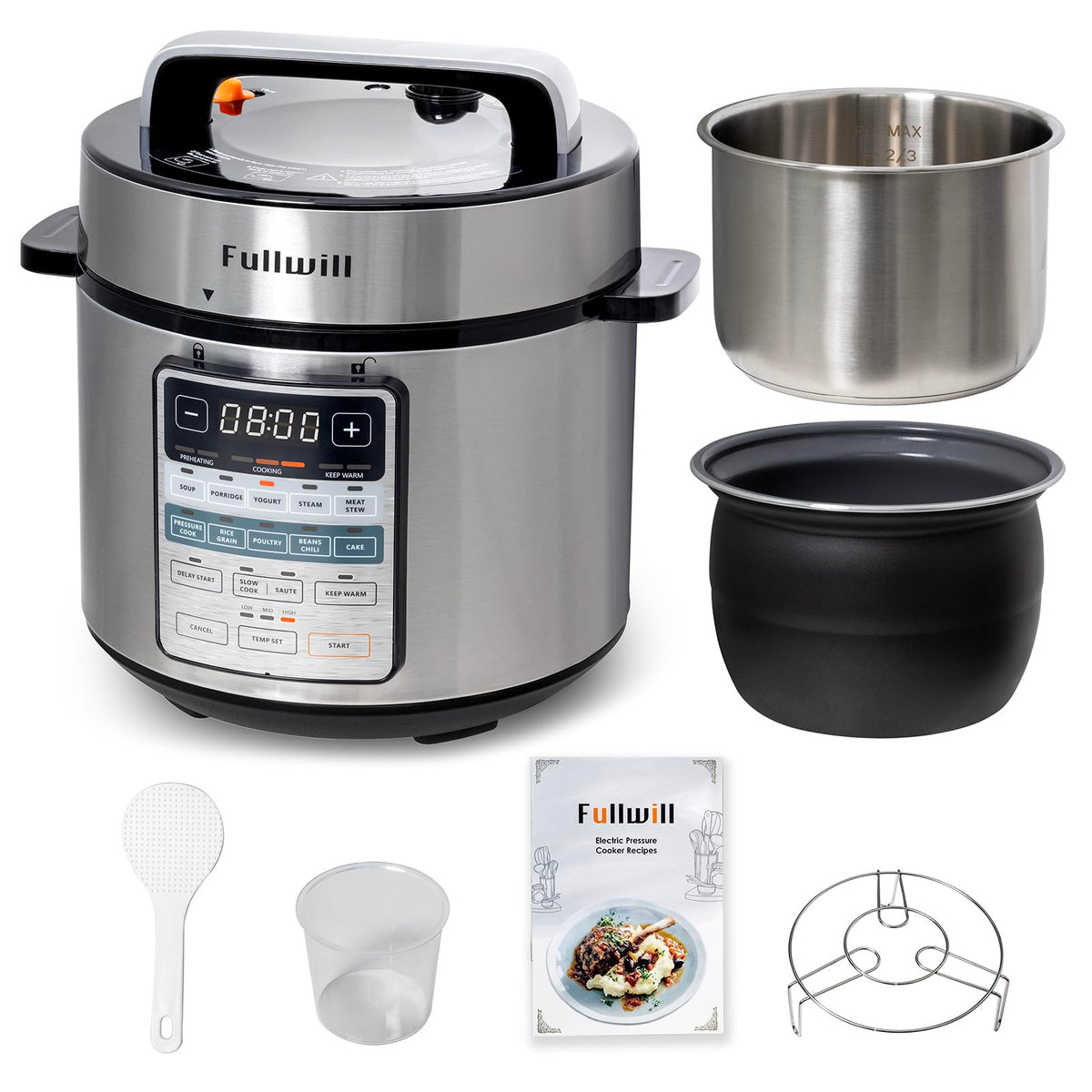 Szybkowar elektryczny Fullwill 6QT, dwa garnki, wielofunkcyjny 12 w 1 ze stalą nierdzewną 304 i garnkami ceramicznymi, gotowanie pod ciśnieniem, zupa, owsianka, jogurt, gulasz mięsny, ryż, drób, fasola i wiele więcej