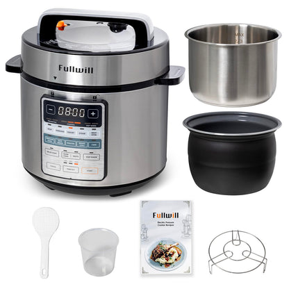 Fullwill Electric Pressure Cooker 6QT Dual Pots, 12 in 1 MultiFunction Cooker with 304 Stainless Steel & Ceramic Pots, Pressure Cook, Soup, Porridge, Yogurt, Meat Stew, Rice, Poultry, Beans and More