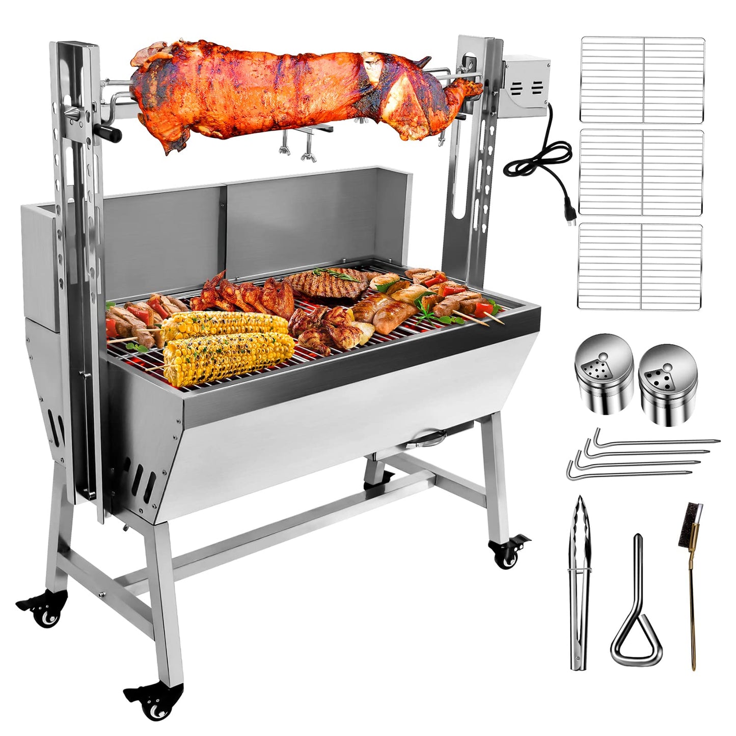 Migoda Stainless Steel Rotisserie Grill with Back Cover Guard, 25W Motor Small Pig Lamb Roaster, 37'' 2 in 1 BBQ Charcoal Rotisserie Grill for Camping Outdoor Kitchen