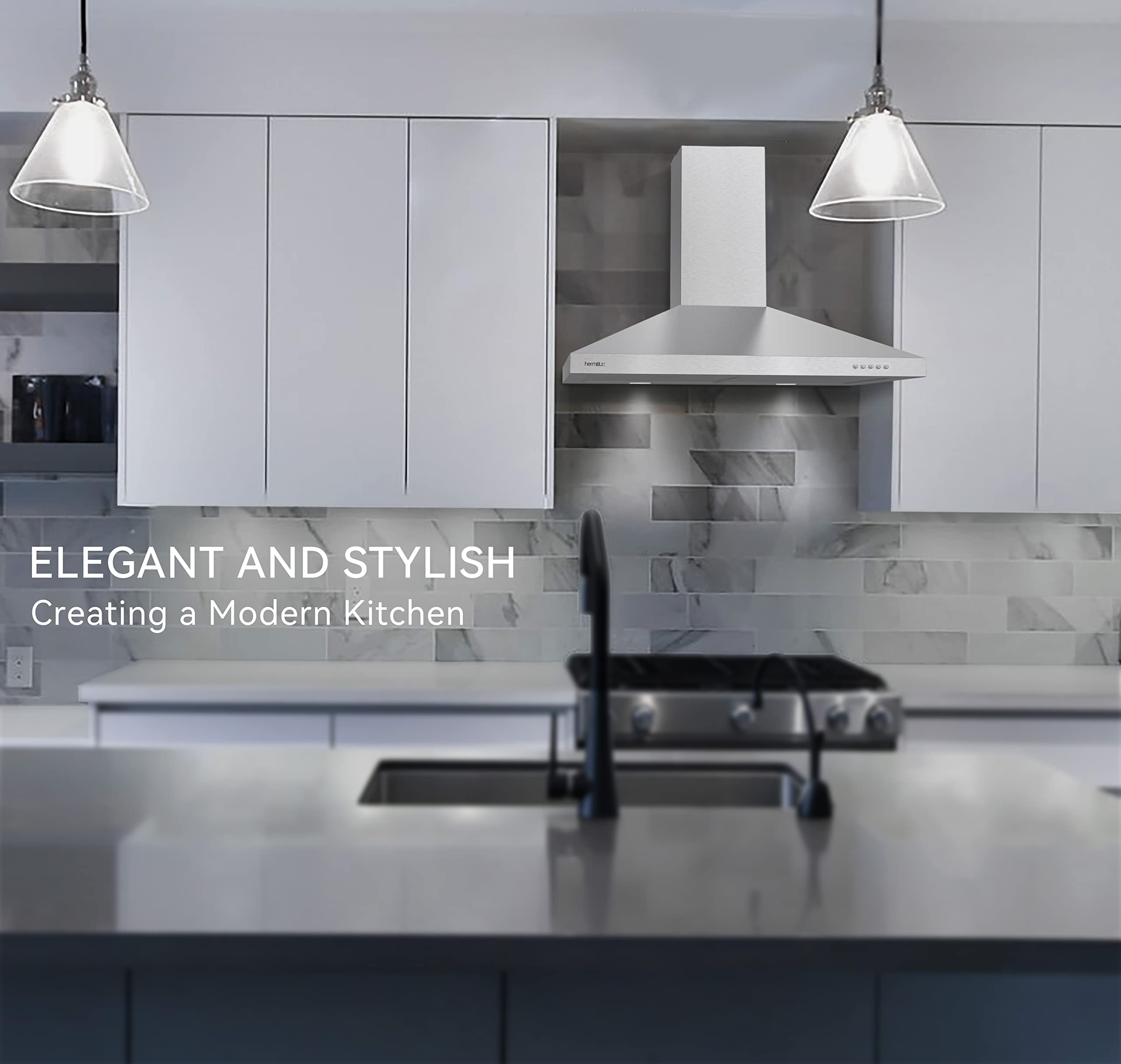 Hermitlux Range Hood 30 inch Stainless Steel, Wall Mount Vent Hood for Kitchen with Charcoal Filter, Ducted/Ductless Convertible