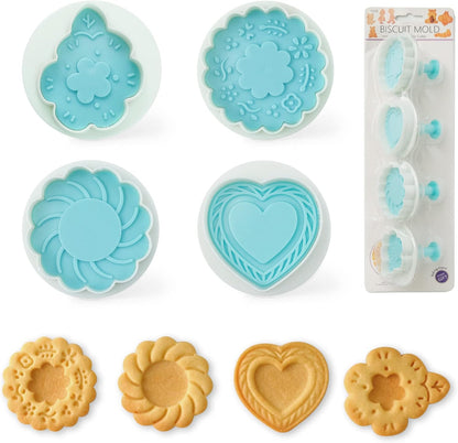 Cookie Stamps Set of 4, Cookie Press Mold, Decorating Supplies for DIY Baking, Cake, Pastry, Easy to Use-Flower Heart