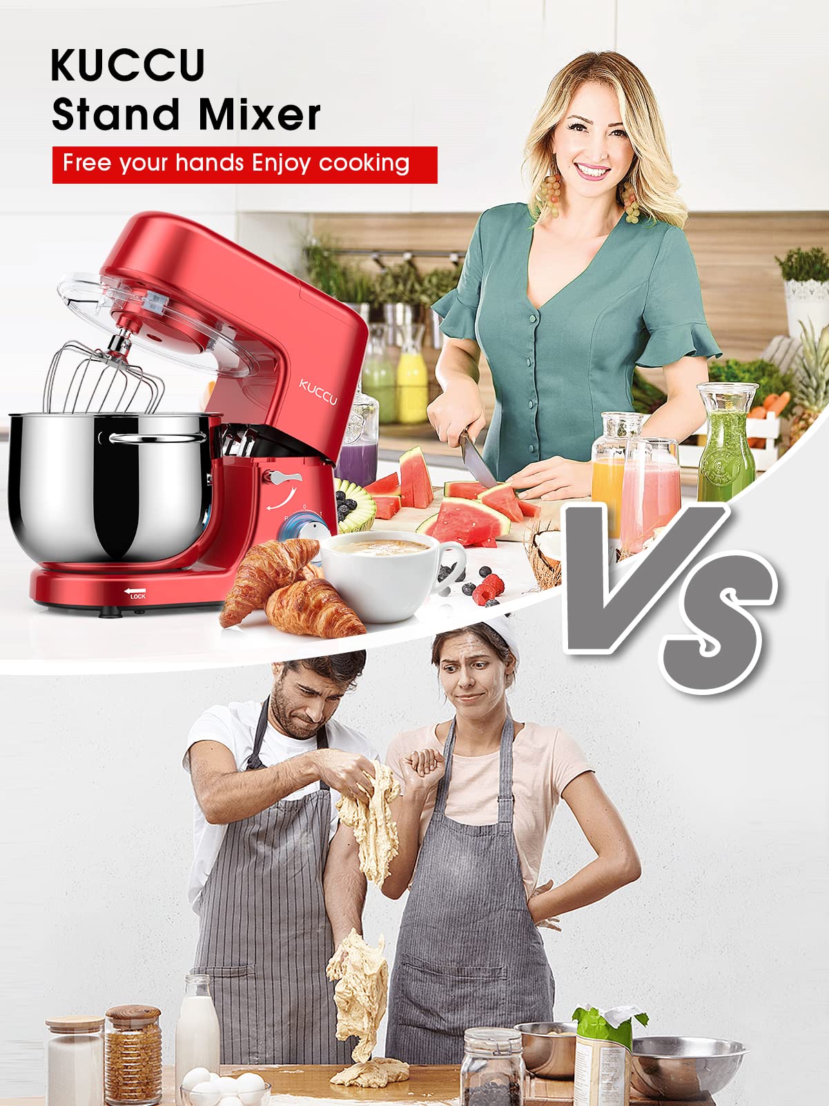 9.5 QT Double Handle KUCCU Stand Mixer, 6 Speed with Pulse Electric Kitchen Mixer, 660W Tilt-Head Food Mixer with Dishwasher-Safe Dough Hook, Flat Beater, Whisk, Splash Guard for home baking (Red)