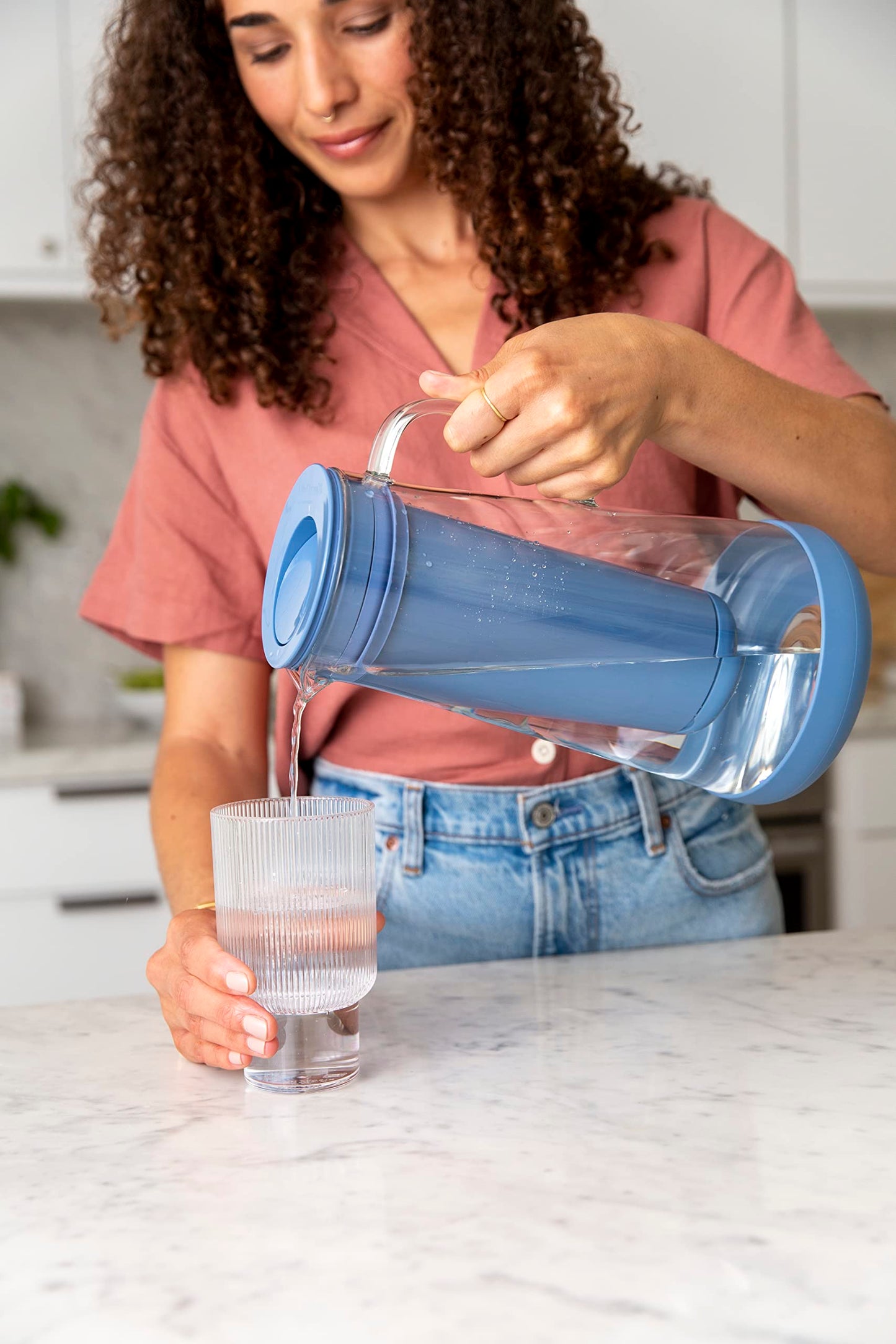 LifeStraw Home– Water Filter Pitcher, 7-Cup, Glass with Silicone Base, Stormy Blue, for Everyday Protection Against Bacteria, parasites, microplastics, Lead, Mercury, PFAS and a Variety of Chemicals