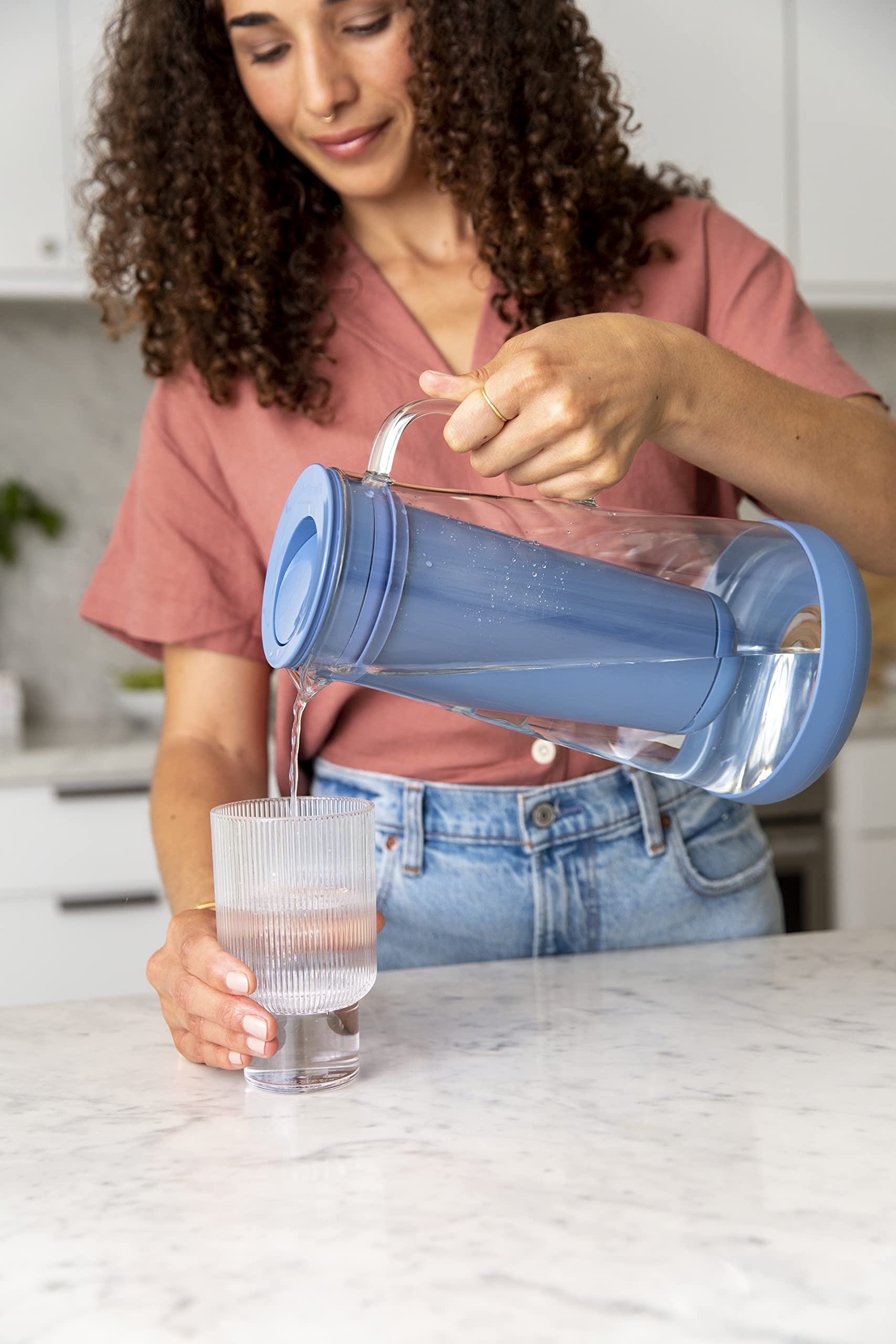 LifeStraw Home– Water Filter Pitcher, 7-Cup, Glass with Silicone Base, Stormy Blue, for Everyday Protection Against Bacteria, parasites, microplastics, Lead, Mercury, PFAS and a Variety of Chemicals