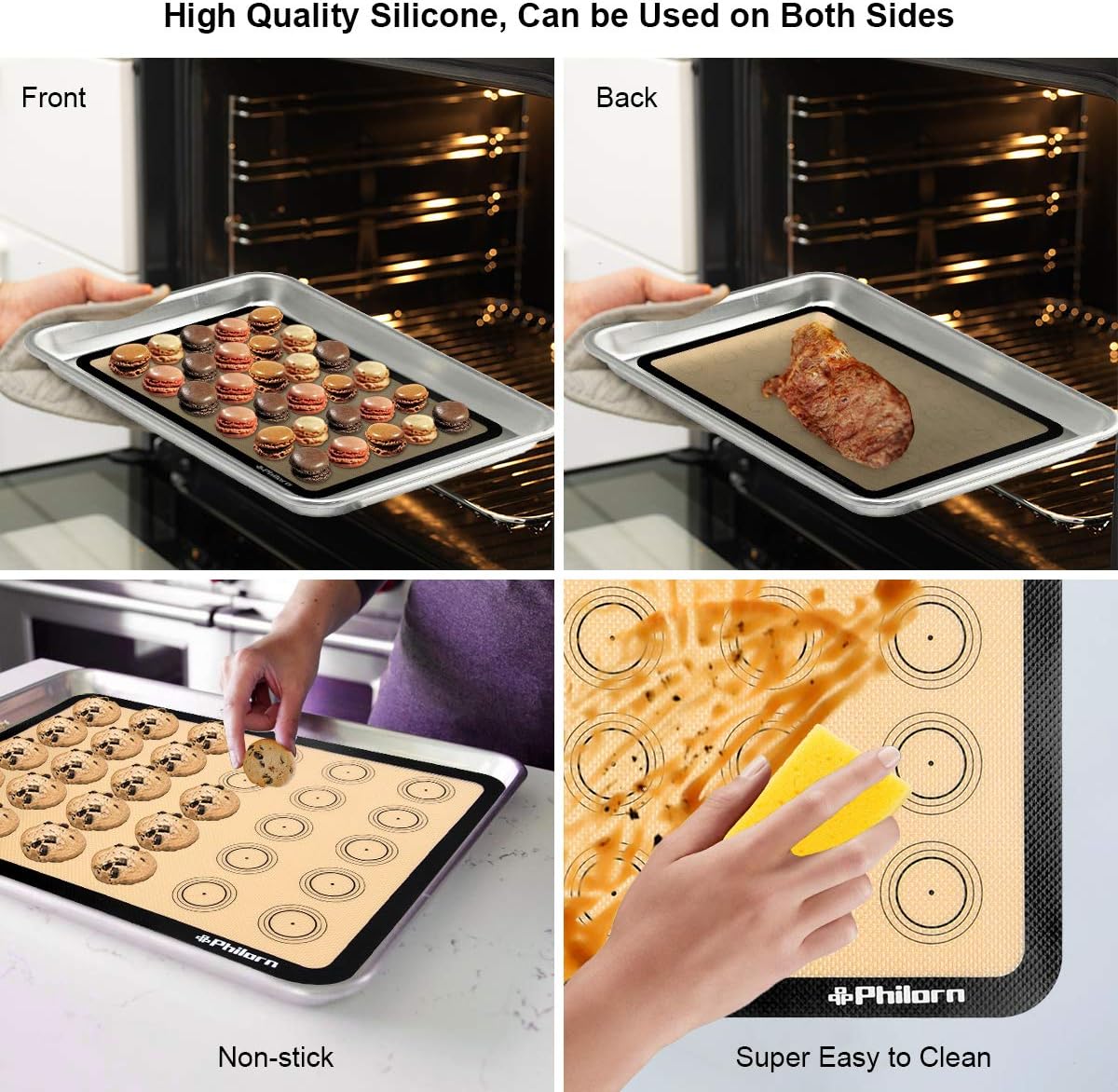 Philorn Silicone Baking Mat Set, 16.5" x 11.42" Macaron Mat, Non-Stick With Tools, 2 Pack Food Safe, Reusable for Oven, Cookie, Bread
