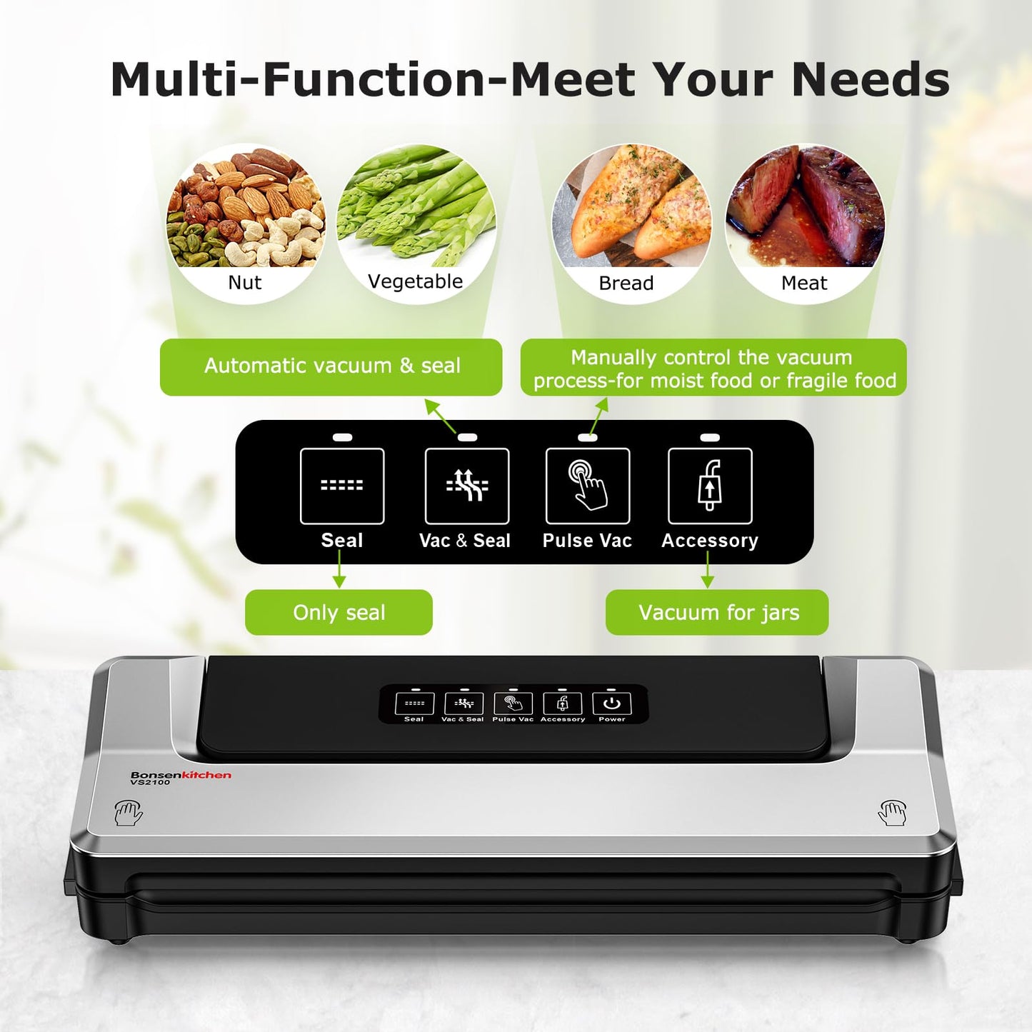 [Updated 2025] Bonsenkitchen Vacuum Sealer Machine + 40 Vacuum Bags, Fast-Compact/Multi-Functional Food Vacuum Sealer with External Vacuum System, Silver