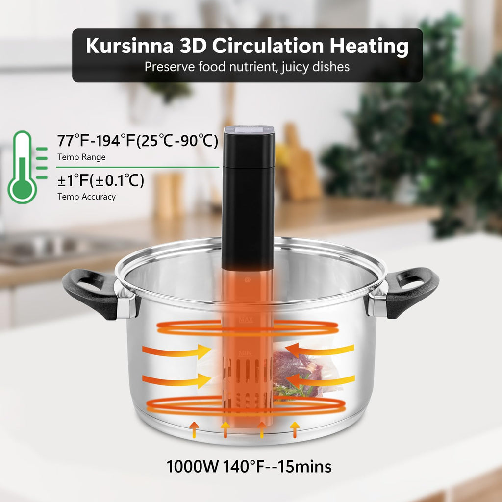 KURSINNA Sous Vide Machine, 1000 W Sous Vide Cooker, 15 dB Ultra-cichy cyrkulator zanurzeniowy z dokładnym cyfrowym timerem temperatury, IPX7 Wodoodporny precyzyjny garnek