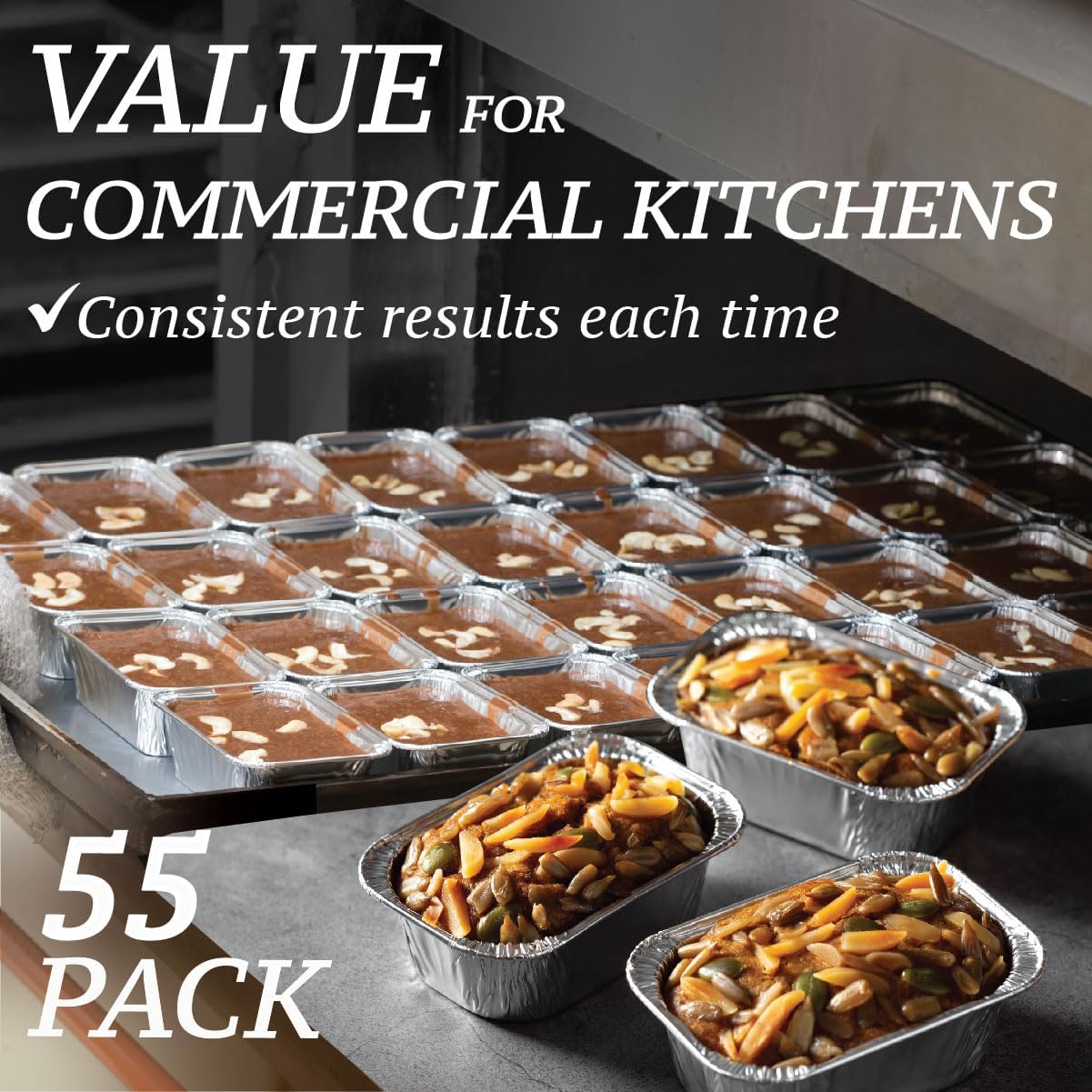 Spare Essentials (55 Pack) 1LB Mini Foil Loaf Pans - 1 Pound Disposable Aluminum Baking Pans for Individual Bread, Cake, Meatloaf - Small Loaf Pans with Liners, Small Bread Tins 6 x 3.5 x 2