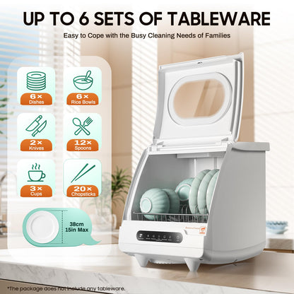 Portable tabletop dishwasher, compact dishwasher with tank, leak-proof drying, 360° spray arm, 5 programmes, for houses, flats and dormitories, white.