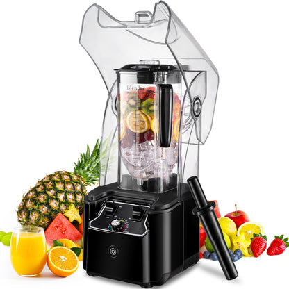 Commercial Blender for Smoothies 2200W With Soundproof Cover, 2200 ML, 15 Speeds, 6-leaves Stainless Steel Blade, Heavy Duty Blender for Restaurant, Smoothie, Ice Crush, Shakes, 9.5"D x 9"W x 19.7"H