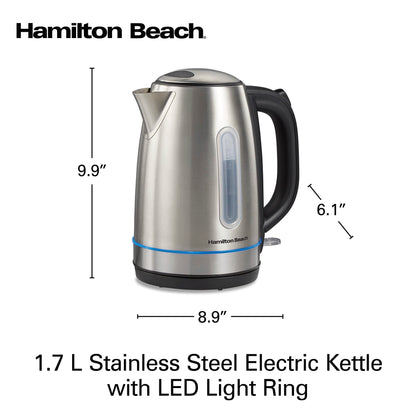 Hamilton Beach Electric Tea Kettle, Water Boiler & Heater, 1.7 Liter, Cordless Serving, 1500 Watts for Fast Boiling, Auto-Shutoff and Boil-Dry Protection, Stainless Steel with LED Light Ring (41037)