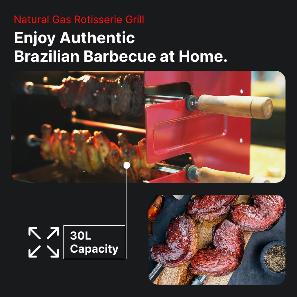 Brazylijski grill rożenowy Churrasco® z palnikiem gazowym i automatycznie obracającymi się szpikulcami do kurczaka z rożna, brazylijskiego grilla i churrasco, maszyny do shawarmy, grilla propanowego - seria 2024