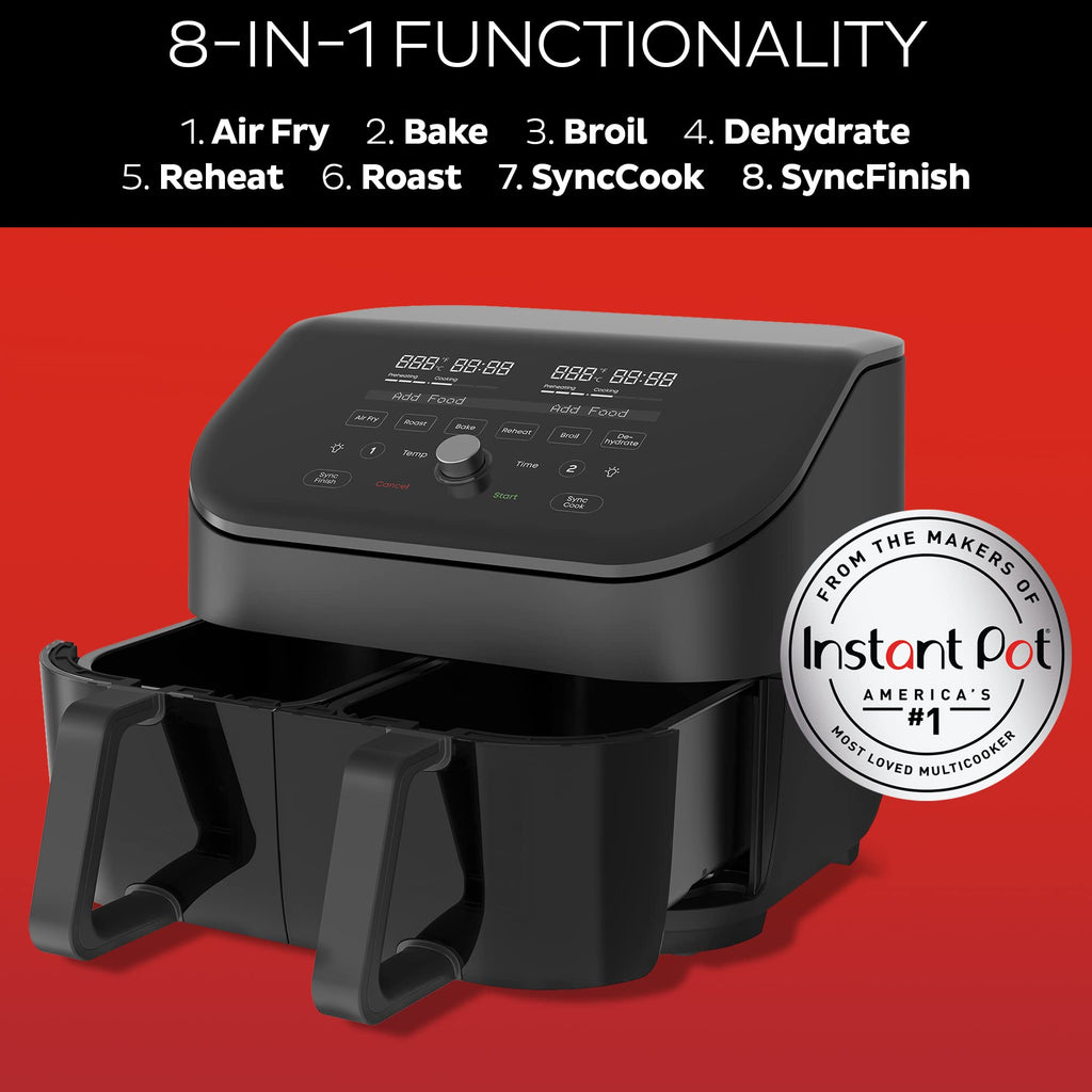 Instant Pot Vortex Plus XL 8QT ClearCook Air Fryer, przezroczyste okienka, programowanie niestandardowe, 8 funkcji w 1, które chrupią, grillują, smażą, odwadniają, pieczą i podgrzewają, od twórców Instant Pot, czarny