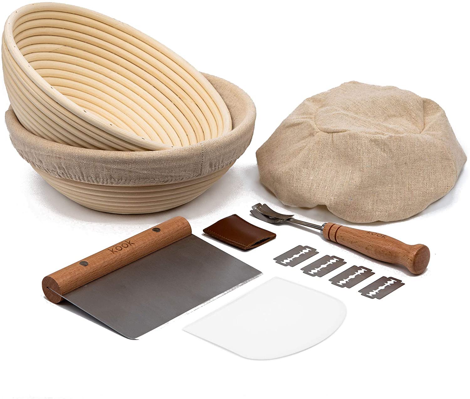 Banneton Bread Proofing Basket, Kook, Sourdough Proofing Bread Basket, Bread Banneton Proofing, Artisan Sourdough Making Baskets, 9 Inch Rattan Baskets and Cloth Liners, Set of 2, Round