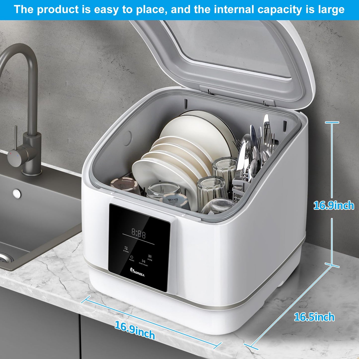 IAGREEA Portable Countertop Dishwasher, 7 Washing Programs Compact Mini Dishwasher, No Hook Needed, Anti-Leakage, Fruit & Vegetable Soaking, For 4 Sets of Tableware