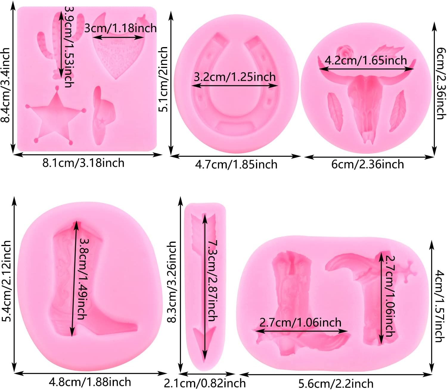 Mujiang Bull Head Silicone Molds Feather Arrow Cowboy Boots Horseshoe Hoof Fondant Mold Chocolate Cactus Star Shoe Mold For Candy Cake Decorating Cupcake Topper Gum Paste Polymer Clay Set Of 6