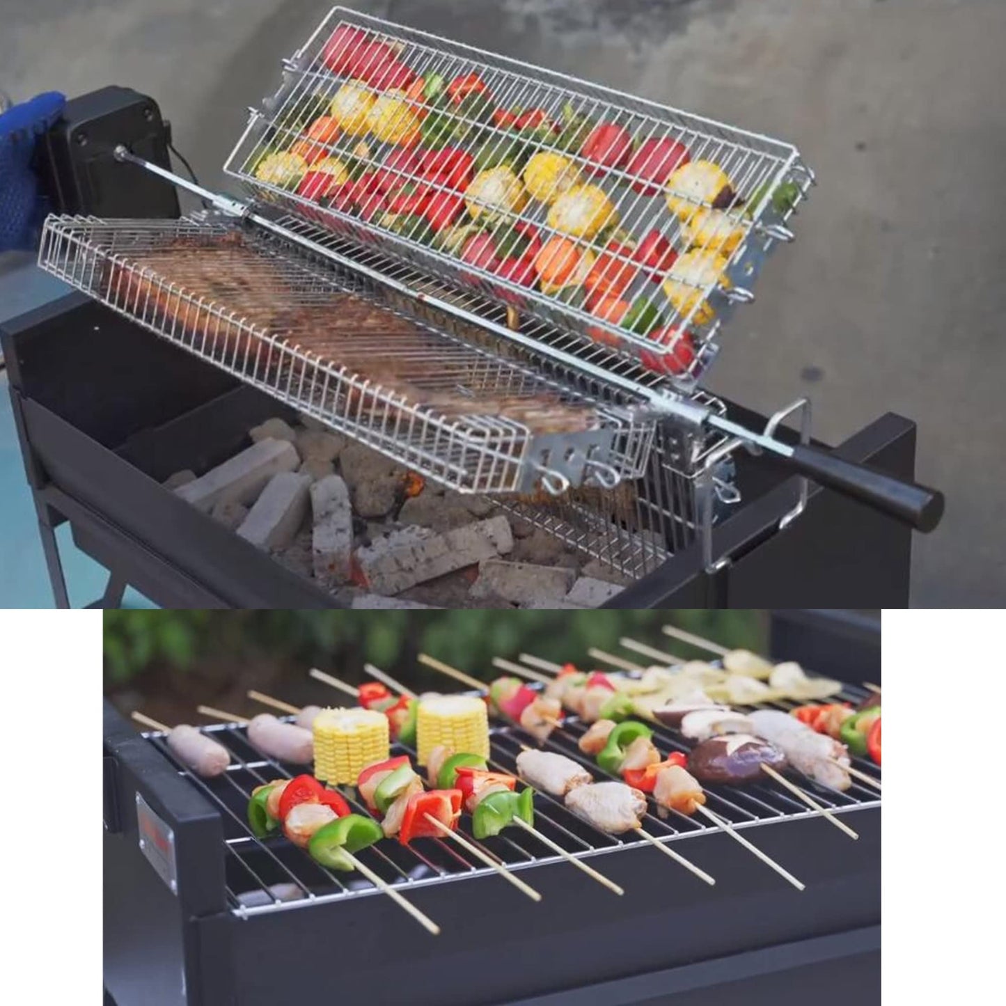 Onlyfire 2 IN 1 Charcoal Grill Rotisserie Kit with 3 Stainless Steel Rotating Baskets and 24 In Grill Grate, Auto Swivel BBQ Roasting Machine for Outdoor Patio Backyard, Multi-functional Camping Grill