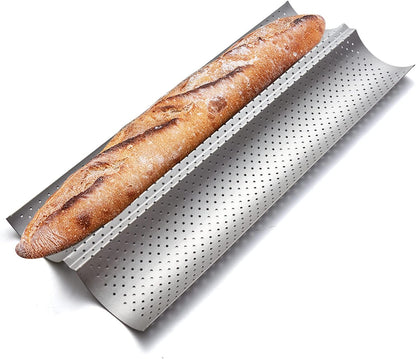 KITESSENSU Nonstick Baguette Pans for French Bread Baking, Perforated 2 Loaves Baguettes Bakery Tray, 15" x 6.3", Silver