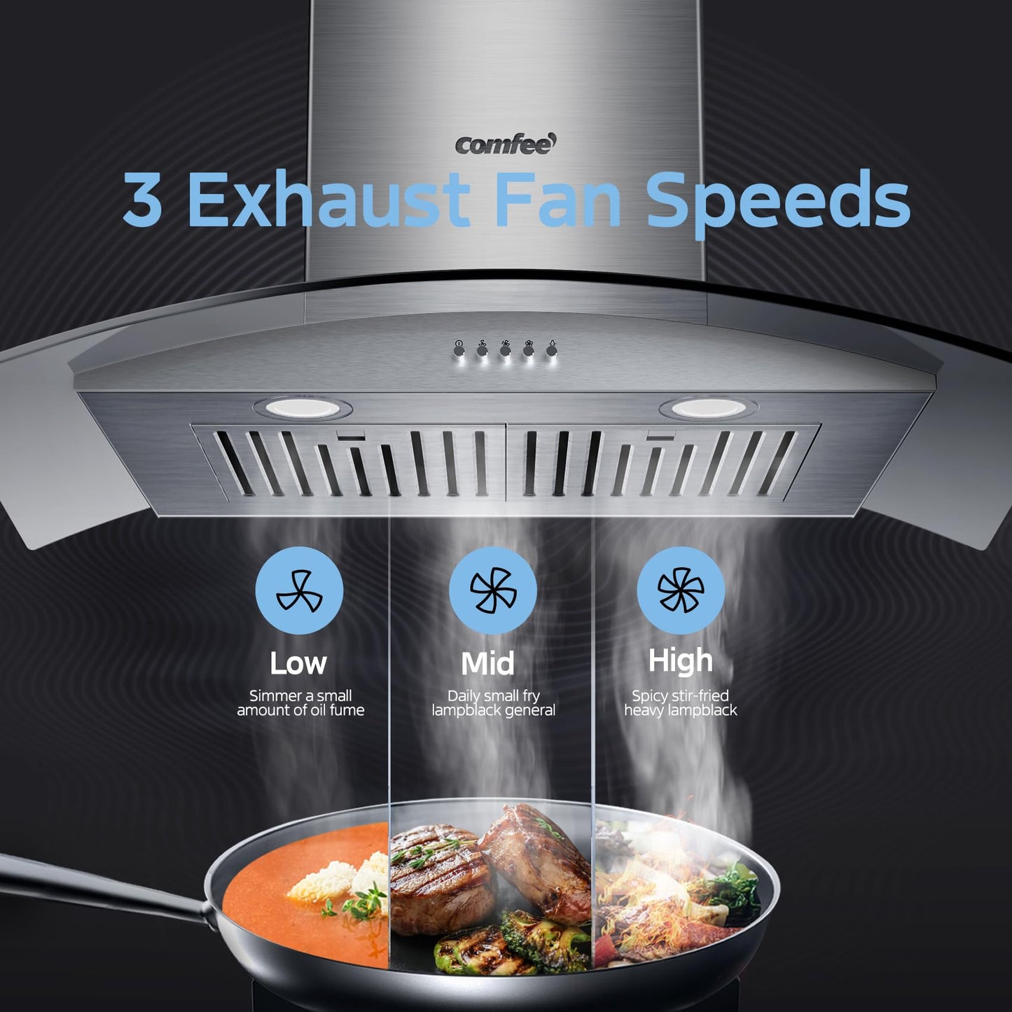 COMFEE' CVG30W8AST 30 Inches Ducted Wall Mount Vent Range Hood with 450 CFM 3 Speed Exhaust Fan, Baffle Filters, Curved Glass, 2 LED Lights, Convertible to Ductless, Stainless Steel