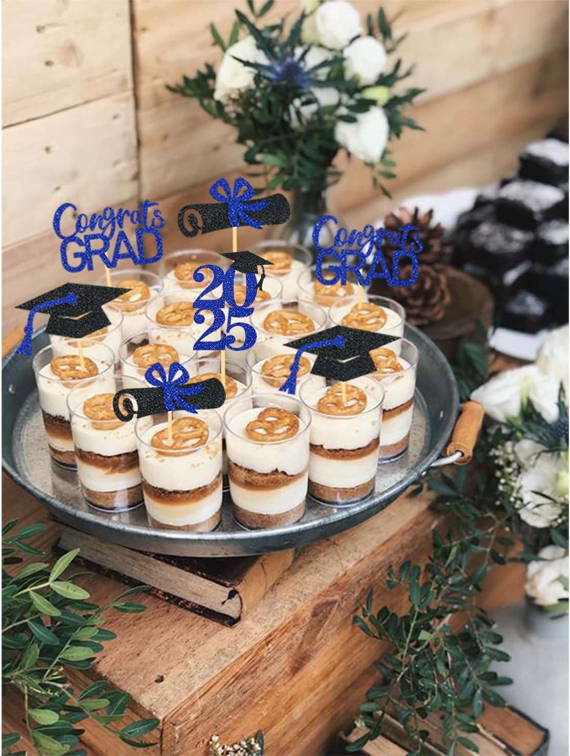 24Pcs Graduation Cupcake Toppers, Graduation Cupcake Picks for Cupcake Food Decorations - Class of 2025 Cupcake Toppers Supplies (Blue)