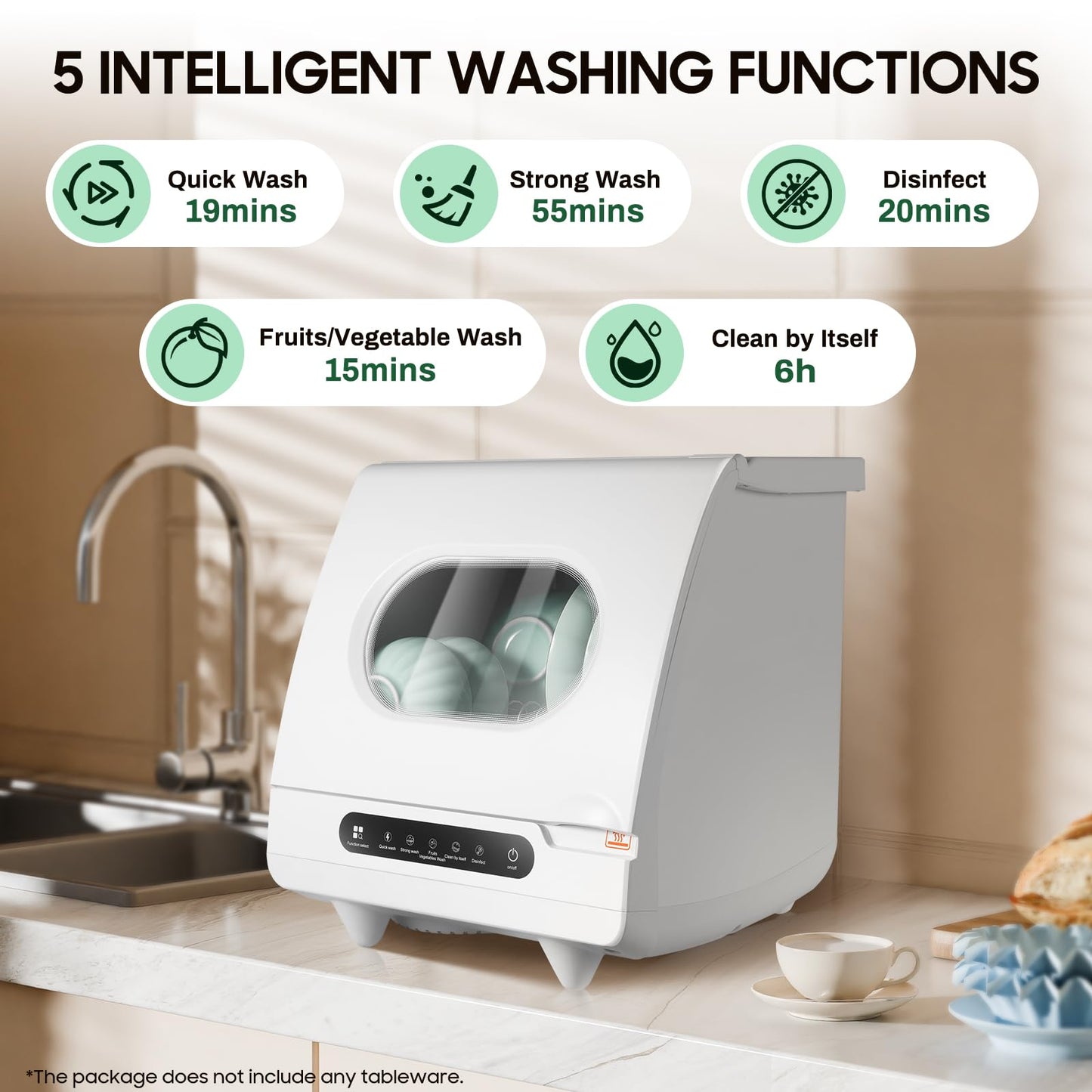 Portable Countertop Dishwasher 158℉ Mini Dishwasher 5 Programs 5L Automatic Dishwashing Machine 360° Spray Deep Cleaning With Air Drying 1200W Compact Dishes Cleaner