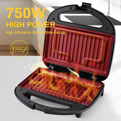 MONXOOK Electric Panini Press, 750W Sandwich Press, Non-Stick Coated Plates 8.46INx4.92IN, Panini Press Sandwich Maker with Indicator Lights, Cool Touch Handle, Black