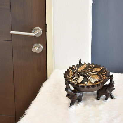 AeraVida Wooden Tray Rejoicing Elephant Leaves Carved Design Round Rain Tree Wood Home Decor Accent with Woven Straw Base 6.5 Inch Gift Display Bowl