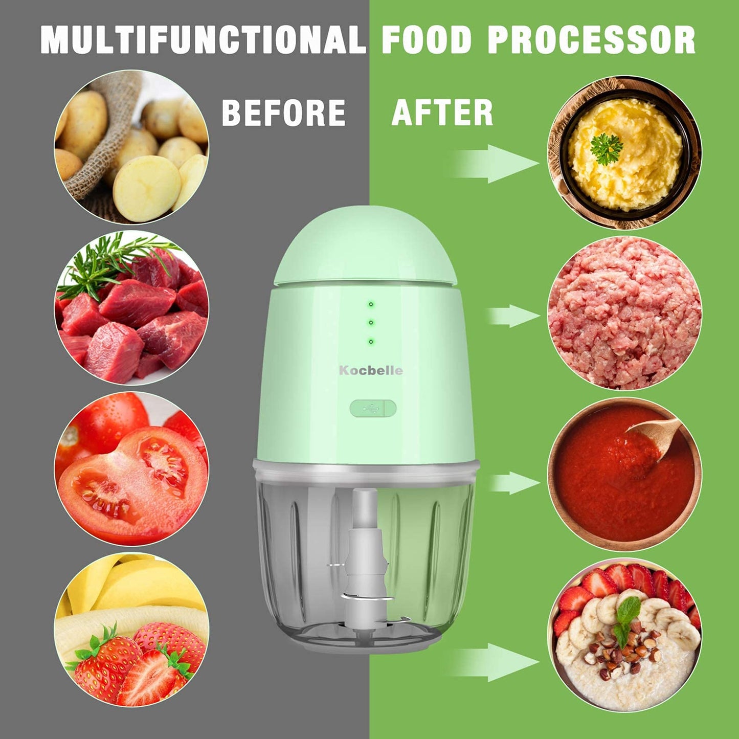 Food Processor - Cordless Mini Food Processor & Portable Small Food Chopper for Vegetables Fruit Salad Onion Garlic,Kitchen,1.3Cup 10 0z,150 Watts,Glass Container Dishwasher Safe (Green)