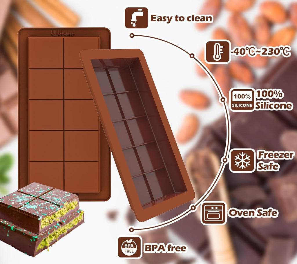 Webake Deep Chocolate Bar Molds 2 Pack, 1 Inch Deep Large and Thick Silicone Chocolate Bar Molds for Stuffed Bar, Big Chocolate Candy Bar Mold for Filling Knafeh Pistachio Chocolate Bar
