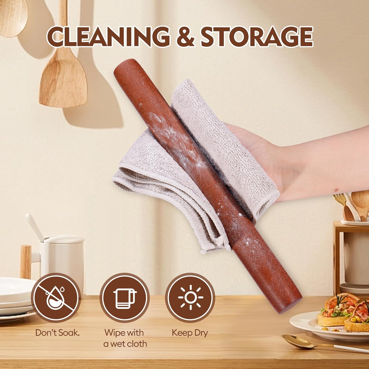 Wood Rolling Pin (15.75 Inches), Non-Stick Rolling Pin for Baking, Natural Sapele Wood Dough Roller for Pizza, Fondant, Pie, Cookie, Pastry, Essential Kitchen Tool