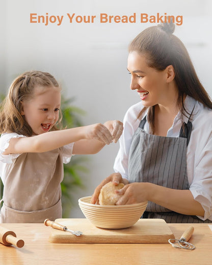 Kootek Banneton Bread Proofing Basket Set of 2, 9 Inch Round Sourdough Starter Kit, Baking Supplies Tools with Dough Whisk, Scoring Lame, and Other Accessories for Artisan Bread Making