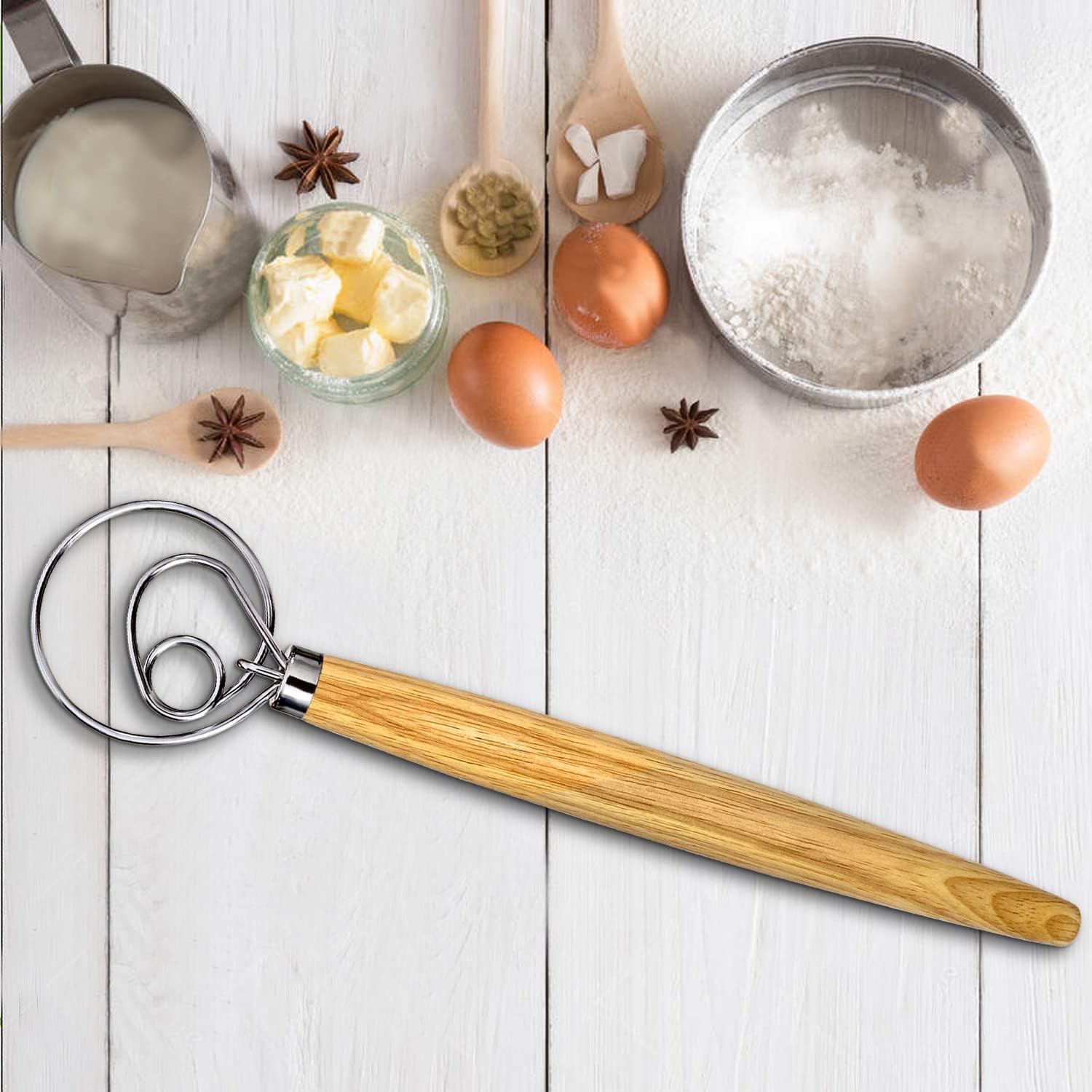 Danish Dough Whisk, Dutch Style Bread Whisk For Sourdough Cooking Kitchen with Stainless Steel Danish Sourdough Whisks Bread Mixer 13" and Dough Scraper