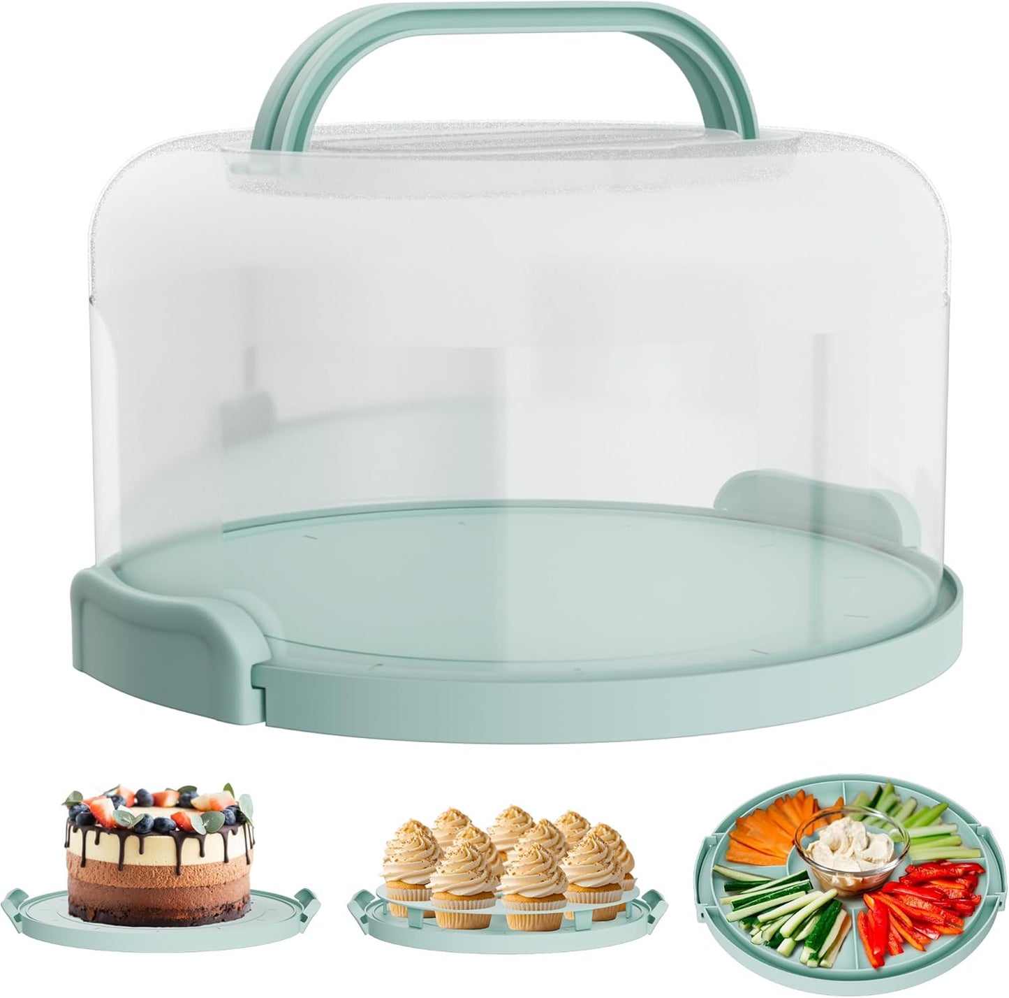 Cake Carrier with lid and Handle - Multipurpose Cake Stand with Lid for 10” Cake, Pie, Cupcakes - Cake Holder & Lid, Plastic Cake Container, Round Cake Cover for Transport & Storage (Seafoam Green)