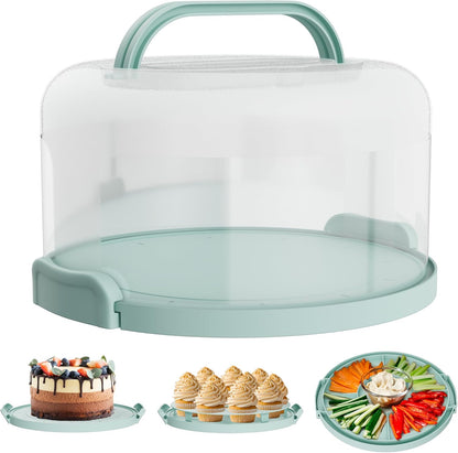 Cake Carrier with lid and Handle - Multipurpose Cake Stand with Lid for 10” Cake, Pie, Cupcakes - Cake Holder & Lid, Plastic Cake Container, Round Cake Cover for Transport & Storage (Seafoam Green)