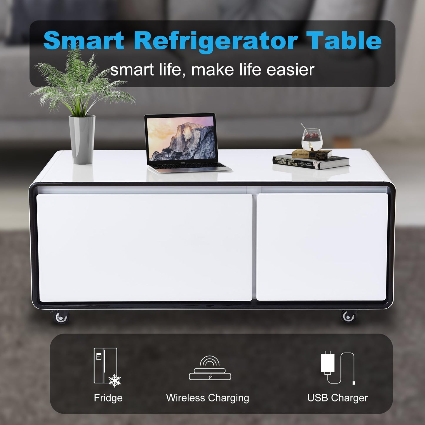 AF ARTISAN FURNITURE Smart Coffee Table with Fridge, 90L Smart Table with Built in Fridge, Wireless Charger, USB Port, for Living Room Reception Room, 41.54" D x 23.03" W x 18.1" H, White