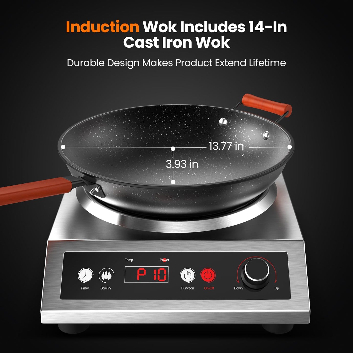 VEXMAECY 1800W Induction Wok,Stainless Steel Electric Wok Used For Home And Commercial,Temp From 140°F to 460°F,Concave Surface Dual Control 10 Power 24H Timer,14-inch Cast Iron Wok Included