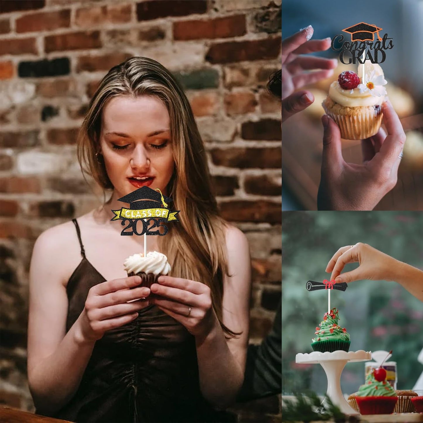 24 Pack 2025 Congrats Grad Cupcake Toppers Set, Glitter Graduation Cupcake Decor, Class of Cupcake Picks for Senior High School College Grad Party Decorations Supplies(Black with Gold) A