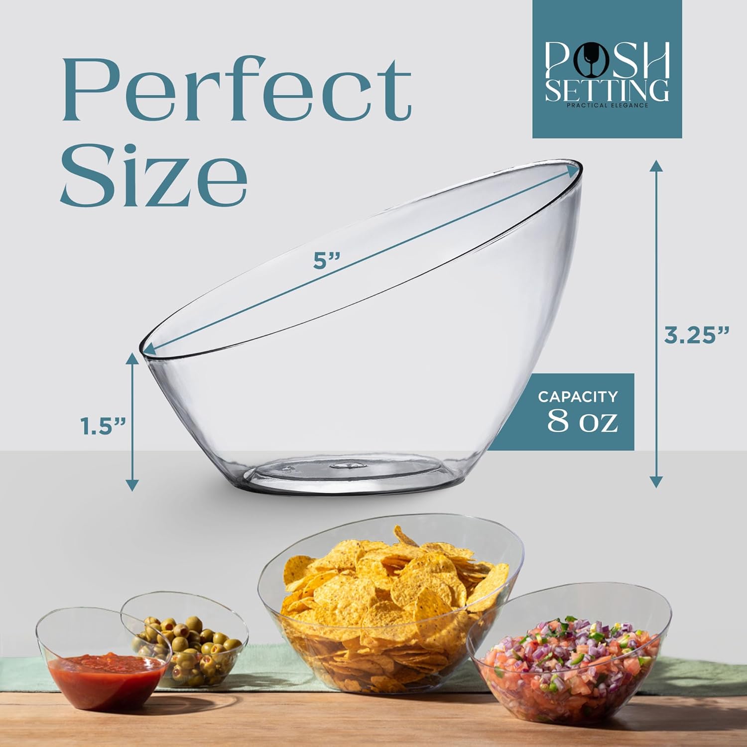 Posh Setting Clear Serving Bowls Small Hard Plastic Candy Bowl for Weddings, Buffet, Offices, Disposable Small Angled Bowls for Party's, Salads, Snacks and Fruit Bowl 5 Pack
