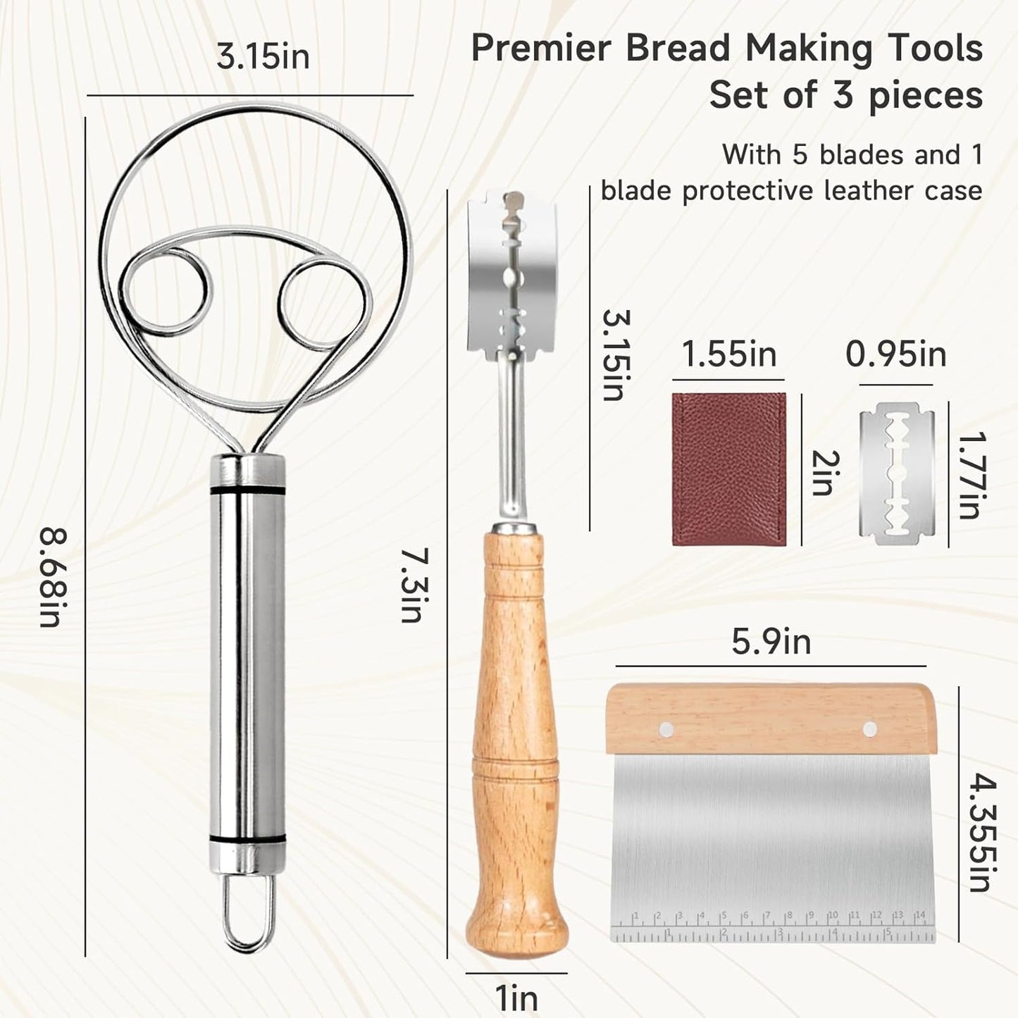 Hand Crafted Bread Lame Premium Sourdough Scoring Tool Bread Making Tools Set of 3 pieces Bread Knife(5 Blades) with Danish Dough Whisk and Dough Scraper Bread Cutter