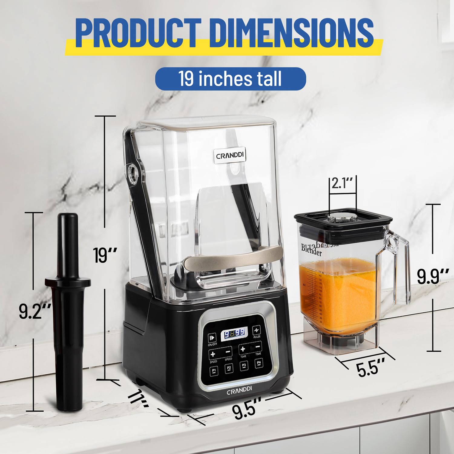 CRANDDI Smart Blender цифровий сенсорний екран зі знімною кришкою, тихий блендер потужністю 2200 Вт із захистом від вологи, комерційний блендер об'ємом 52 унції з 4 програмами для соків, смузі, заморожених напоїв тощо, K80TS, чорний