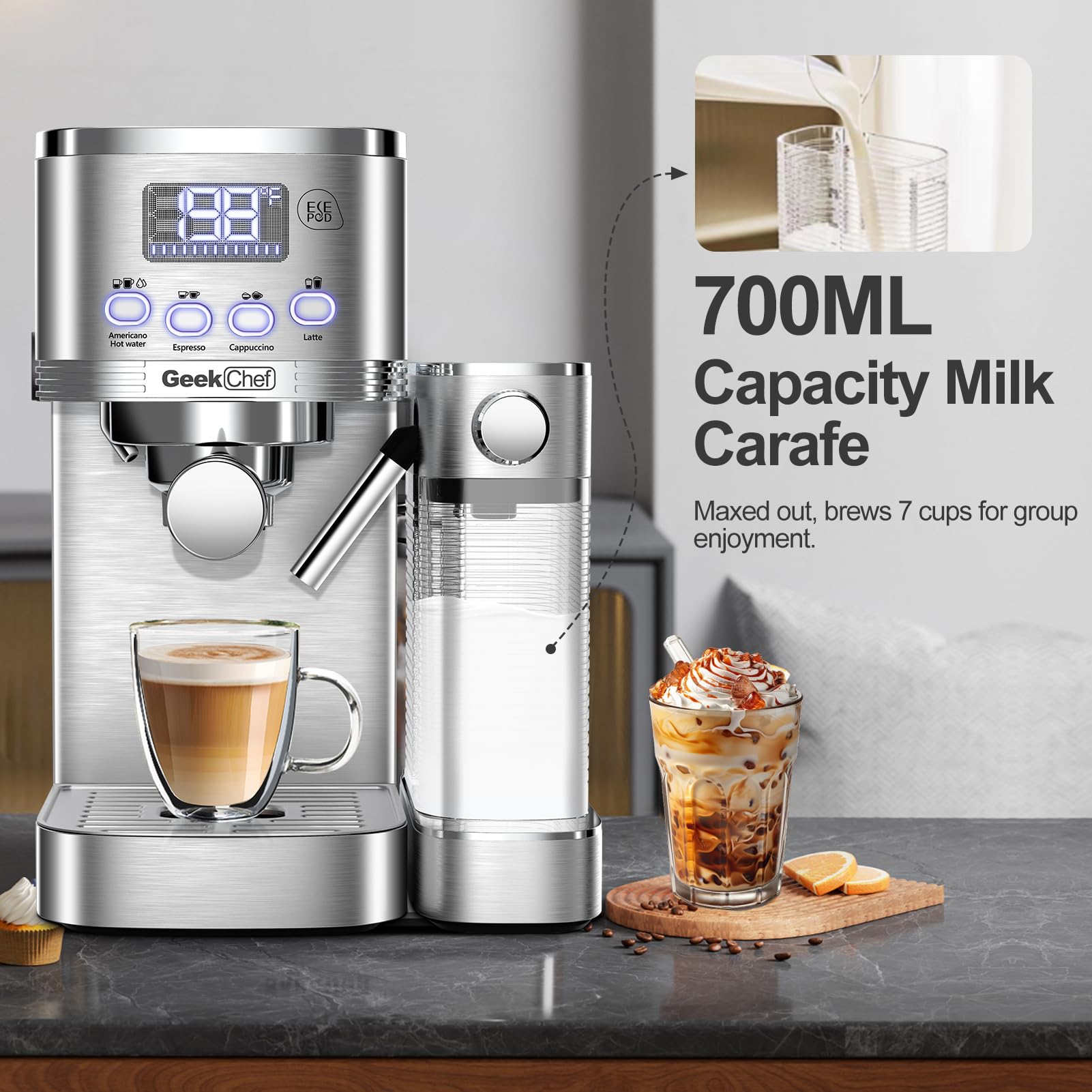 Geek Chef Espresso and Cappuccino Machine with Automatic Milk Frother,20Bar Espresso Maker for Home, for Cappuccino or Latte,with ESE POD filter, Stainless Steel, Gift for Coffee Lover