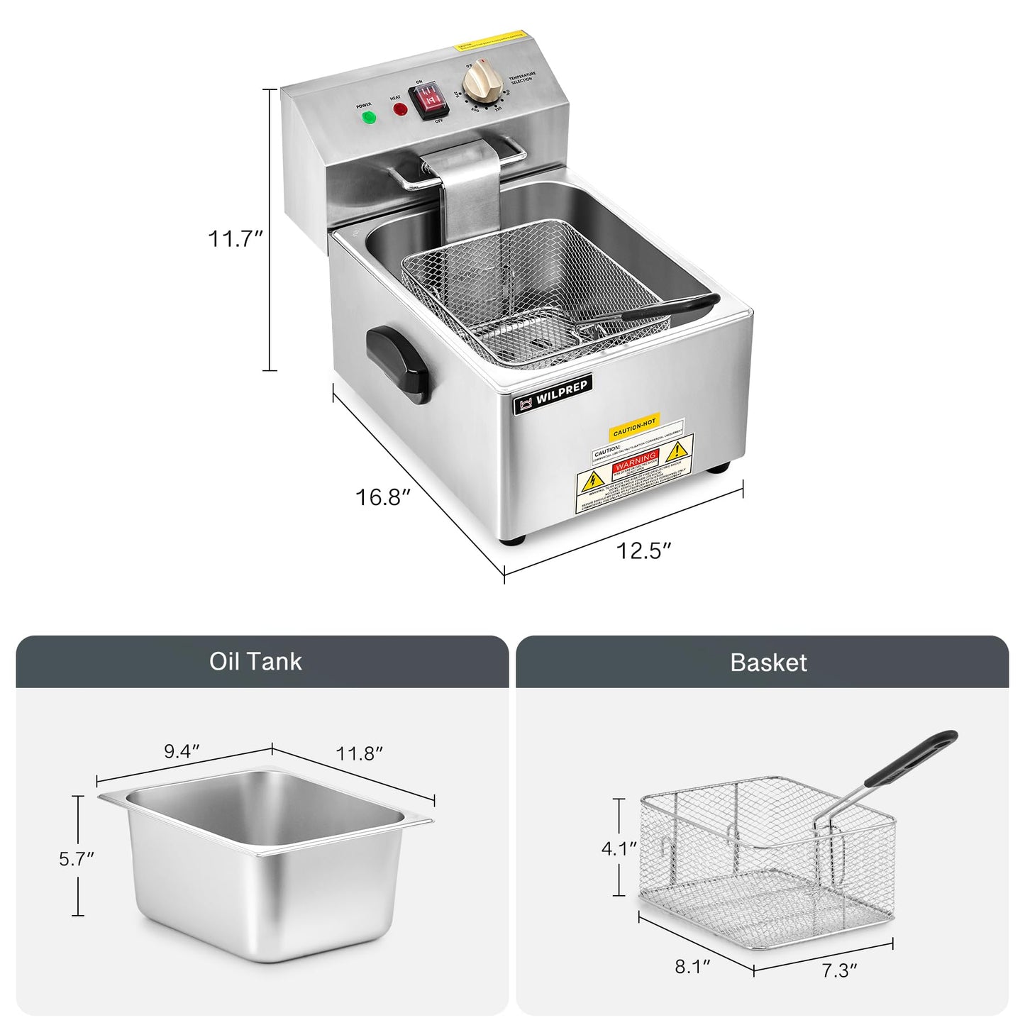 WILPREP 1600W Electric Deep Fryer, 10 lb. Commercial Deep Fryer with Removable Oil Tank Basket & Adjustable Temp., Stainless Steel Electric Countertop Fryer with ETL & ETL Sanitation Certifications