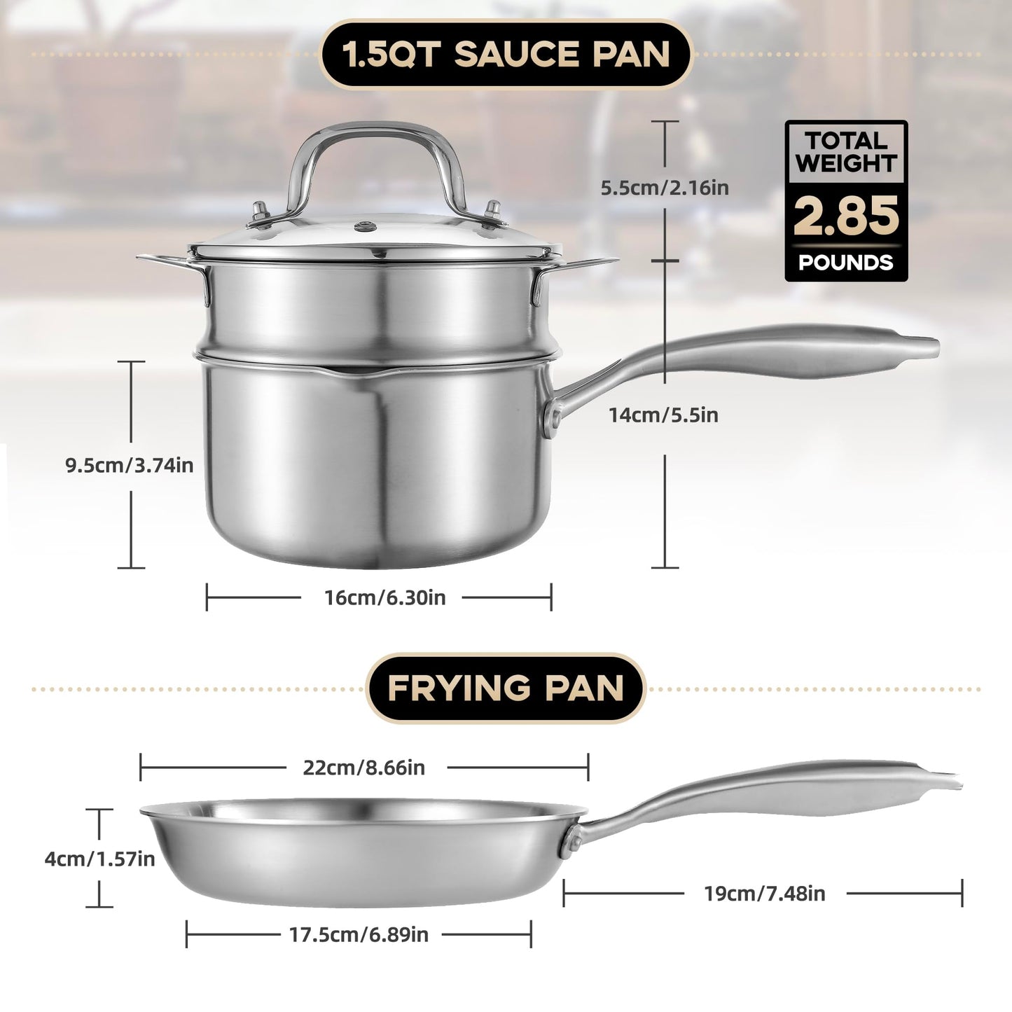 Leetaltree 3-Ply Stainless Steel Cookware Set - 1.5 Quart Saucepan with Steamer Basket & 7" Fry Pan, Multipurpose Sauce Pot with Two-Size Drainage Holes Lid, Induction Oven Safe, Pots and Pans