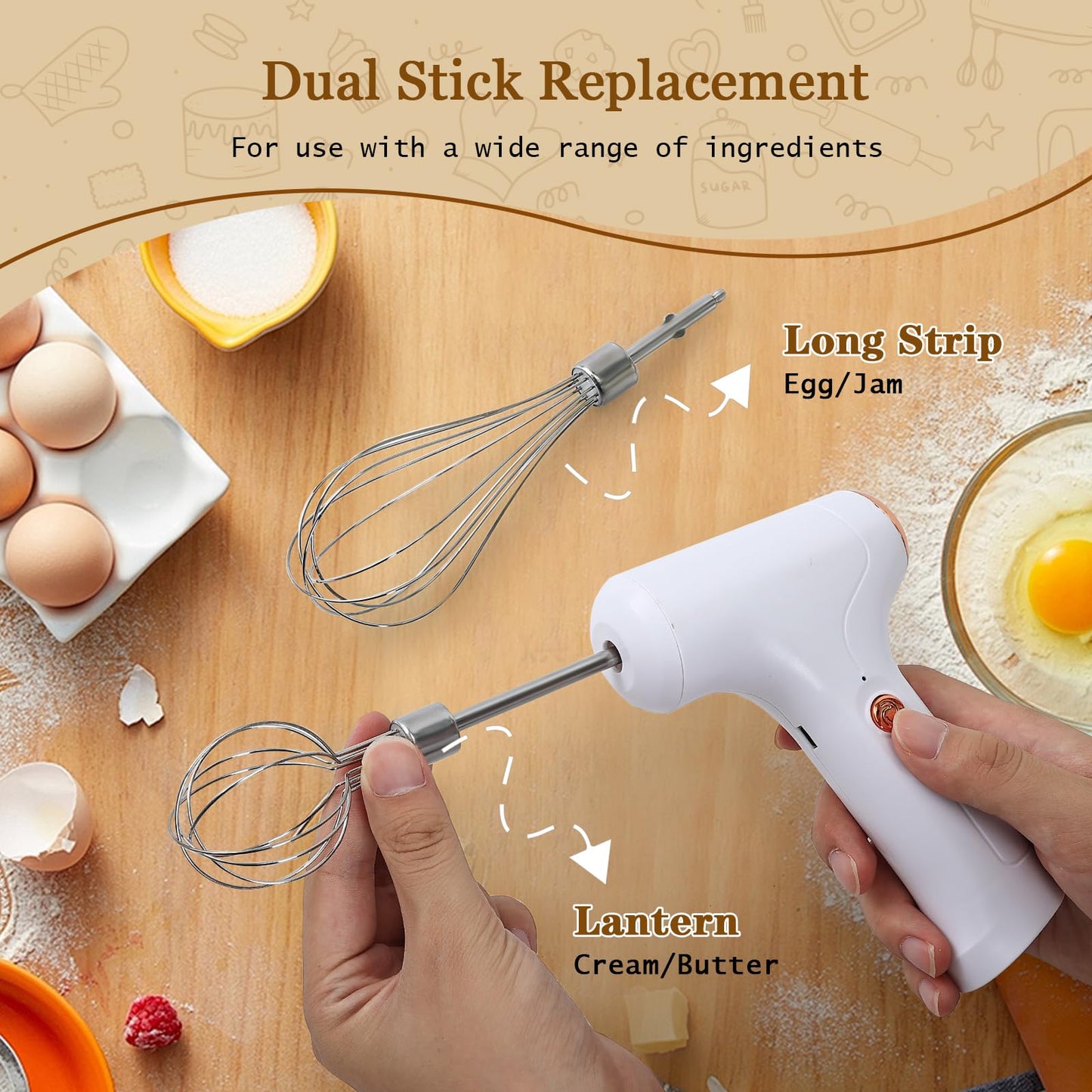 CHIDOYII Cordless Hand Mixer, Handheld Electric Whisk with 3 Speed Modes, Hand Held Egg Beater with 2 Detachable Stir Whisks (White)