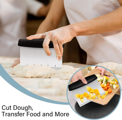 Bench Scraper, Premium Stainless Steel Dough Scraper with 2 PCS Flexible Bowl Scraper, Dough Cutter with Measuring Scale, Versatile Kitchen Scraper Set for Pastry Bread Pizza Cake