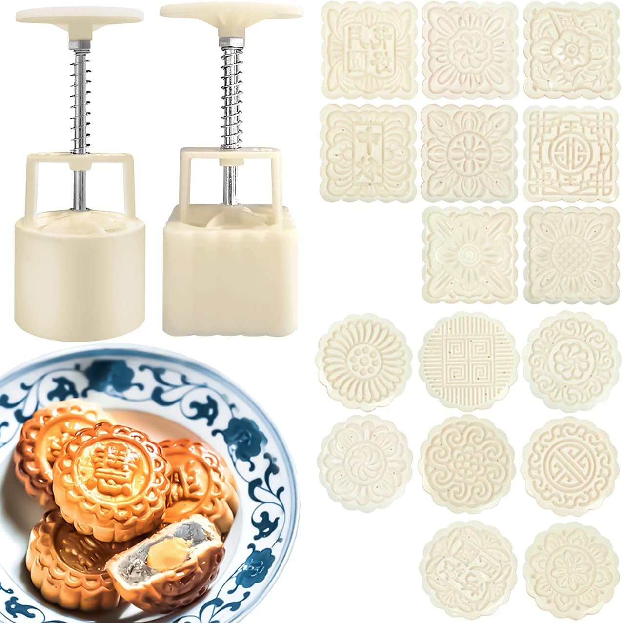 Chinese Traditional Mid-Autumn Mooncake Mold，Biscuit Stamping Machine，18 pcs 100g/125g Different Round And Square Flower Pattern For 2 Sets.